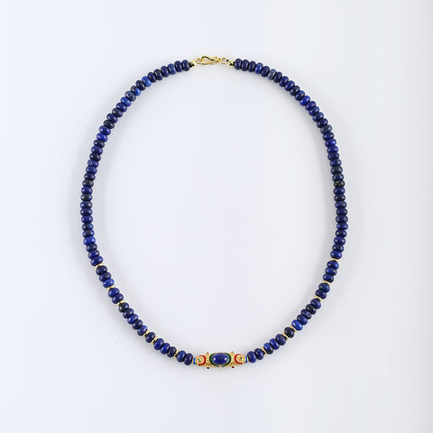 BITEFU 1 Strand Natural Lapis Lazuli Beads + Silver Gold Plated Pendant Gemstone Necklace For Jewelry Gift, 34.5g