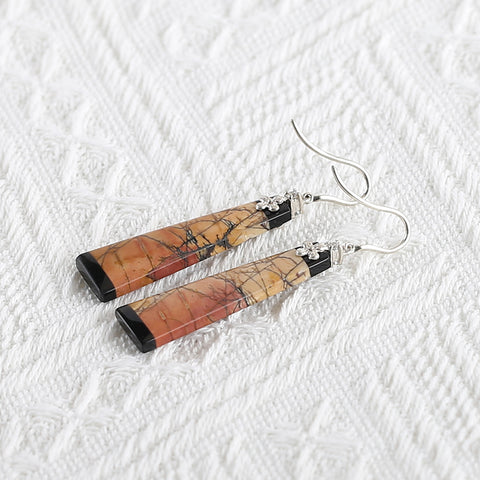 New Natural Obsidian And Multi-Color Picasso Jasper Intarsia Earrings , 925 Sterling Silver, 38x11x4mm, 7.5g