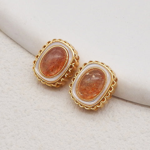 BITEFU 1Pair Silver Gold Plated Natural Sun Stone Gemstone Pendant Bead, Jewelry DIY Making, 1.8g