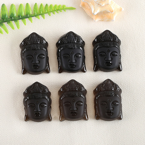 BITEFU Carved Natural Smoky Quartz Buddha Head Gemstone Pendant Bead, Avalokitesvara Pendant Gift For Him, 27.1g