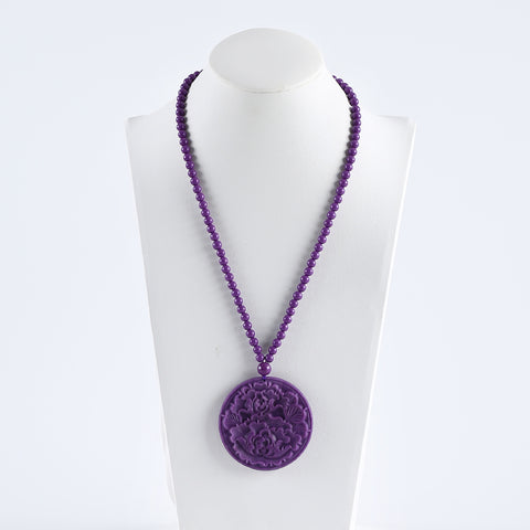 1 Strand Adjustable High Quality Phosphosiderite Gemstone  Necklace,Carved Purple Flower Pendant,24 Inch,52×7mm,5mm,8mm,52g