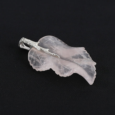 New Natural Rose Quartz Handcarved Leaf Pendant,925 Sterling Silver Pinch Bail,60x33x7mm,13g