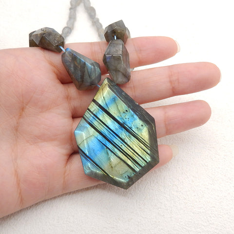 Natural Labradorite Faceted Pendant Gemstone Necklaces, Labradorite Gemstone Necklaces,50x36x10mm,6x5x4mm,20 Inch,58g