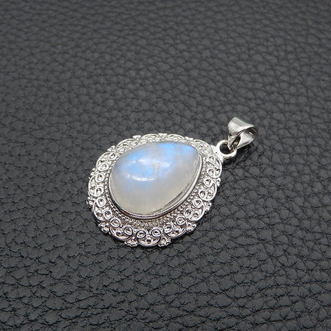 Natural Moonstone Brass Plated Silver Pendant Bead, Gemstone Jewelry Gift 29x18x8mm, 3.5g