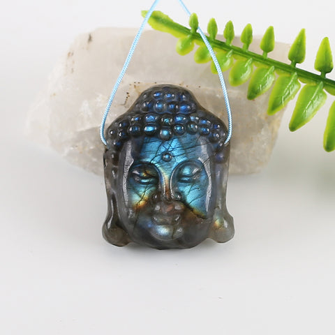 BITEFU Carved Natural Labradorite Buddha Head Gemstone Pendant Bead,12g