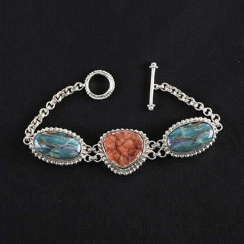 925 Sterling Silver Inlaid Charm Bracelet, Cluster Quartz,Blue Opal Bead For Pendant,Handmade Jewelry For Women20cm,28×19×9mm,24×25×9mm,40.7g