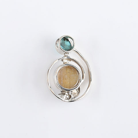 New Arrival!Handmade Jewelry Sterling Silver 925 Turquoise And Gold Rutilated Quartz  Pendant,26×18×7mm, 3.4g