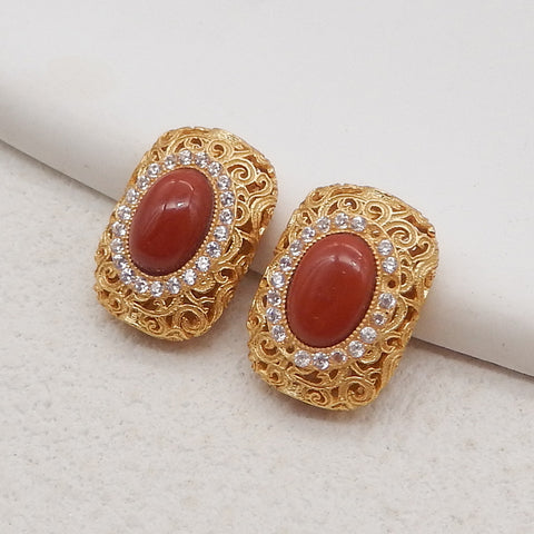 1 Pair Silver Gold Plated Natural High Quality Red River Jasper Earring Beads,Jewelry DIY Making,14×10x5mm, 2.4g