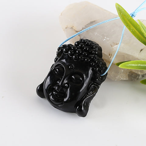 BITEFU Carved Natural Obsidian Buddha Head Gemstone Pendant Bead,14g