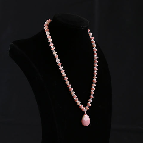 Natural Pink Opal And Rose Quartz Gemstone Necklace, Best Gemstone Jewelry Gift, 1 Strand 18 Inch, 24x21x7mm, 8x4mm, 5mm, 30.8g