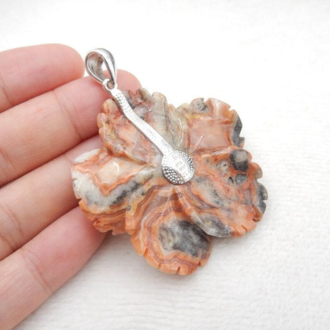 Natural Crazy Lace Agate Carved flower Pendant with 925 Sterling Silver Pinch Bail 47x45x7mm, 22g