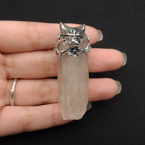 New! Natural Crystal Gemstone 925 Sterling Silver Wolf Head Pendant, Wolf Head Jewelry, 53x21x23mm, 26g