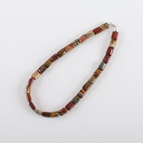 New Arrival! Hand-Woven, Natural Multi-Color Picasso Jasper Rectangle Necklace, Adjustable Necklace. 16.5 Inch, 14x10x7mm,54g