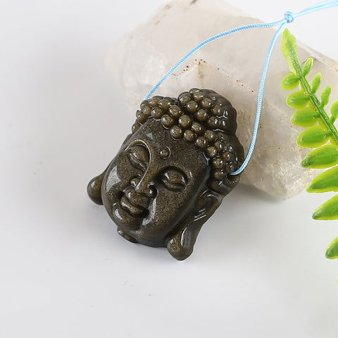 BITEFU Carved Natural Gold Obsidian Buddha Head Gemstone Pendant Bead, 10g