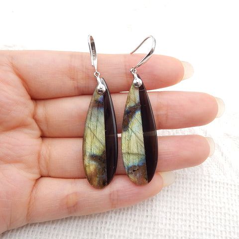 New Natural Obsidian And Labradorite Intarsia Teardrop Earrings,925 Sterling Silver, 41×13×4mm, 6.8g