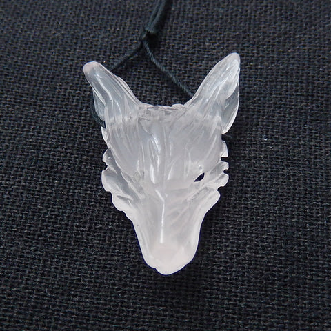 Perle pendentif tête de loup sculptée à la main en quartz rose, 28x20x10mm, 5.3g