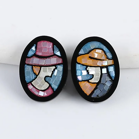 Natural MOP And Obsidian Intarsia Women Head Gemstone Cabochon Pair (Can be drilled), Handmade Gemstone Cufflinks Design, 18x13x2mm, 1g