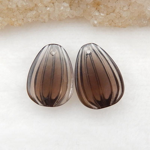 Paire de boucles d'oreilles en pierres précieuses à dos plat en quartz fumé sculpté, 21x15x7 mm, 5,7 g