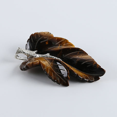 New Natural Tiger-Eye Handcarved Leaf Pendant,925 Sterling Silver Pinch Bail,59x39x7mm,20.7g