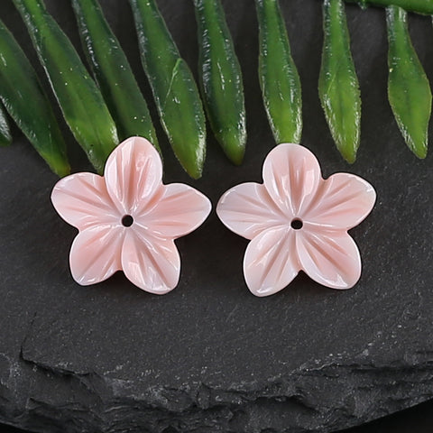 BITEFU 1Pair Carved Natural Pink Shell Flower , Queen Conch Shell Beads, Popular Pink Flower Beads, 1.2g