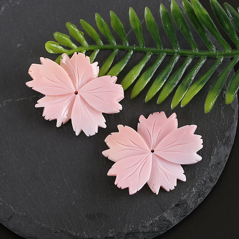 BITEFU 1Pair Carved Natural Pink Shell Flower , Queen Conch Shell Beads, Popular Pink Flower Beads, 12g