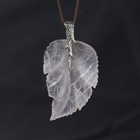 New Natural Rose Quartz Handcarved Leaf Pendant,925 Sterling Silver Pinch Bail,60x33x7mm,13g