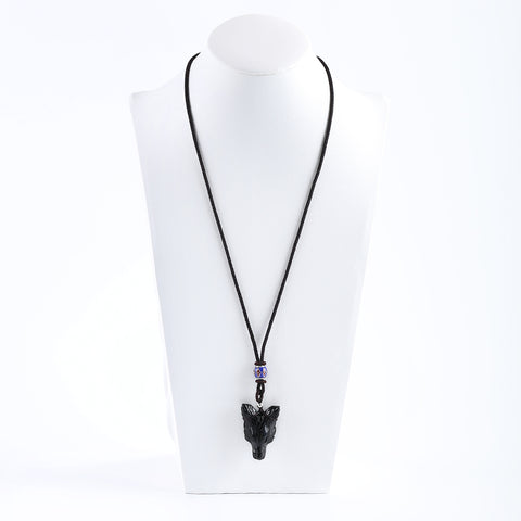 BITEFU Natural Obsidian Wolf Head Pendant Necklace, Popular Stone Wolf Necklace, 14g