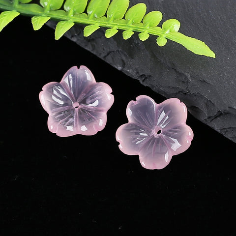 BITEFU 1 Pair Carved Natural Gemstone Pink Chalcedony Flower Earring Beads, Carved Flower Pair, 3.1g