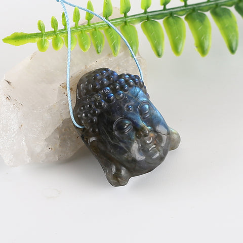 BITEFU Carved Natural Labradorite Buddha Head Gemstone Pendant Bead,12g