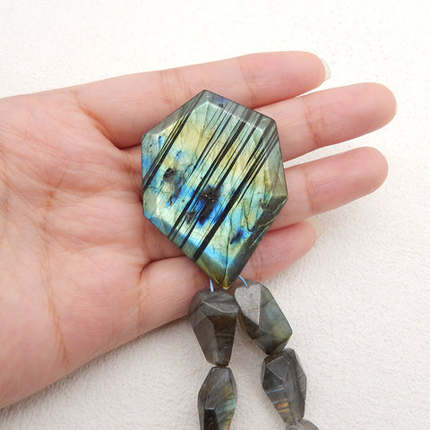 Natural Labradorite Faceted Pendant Gemstone Necklaces, Labradorite Gemstone Necklaces,50x36x10mm,6x5x4mm,20 Inch,58g