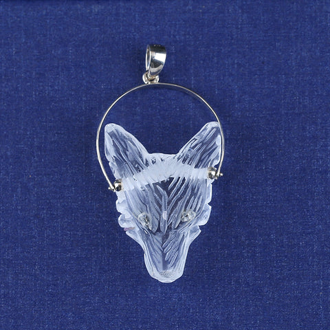 White Crystal Carved Wolf Head Pendant With 925 Sterling Silver,35x26x13mm, 13g