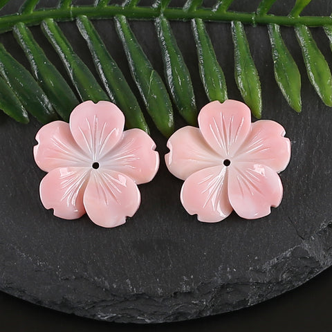 BITEFU 1Pair Carved Natural Pink Shell Flower , Queen Conch Shell Beads, Popular Pink Flower Beads, 3.4g