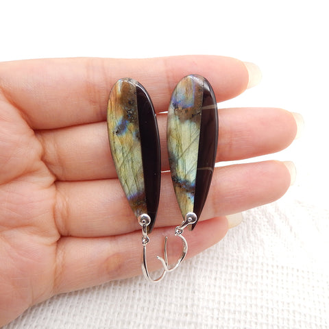 New Natural Obsidian And Labradorite Intarsia Teardrop Earrings,925 Sterling Silver, 41×13×4mm, 6.8g