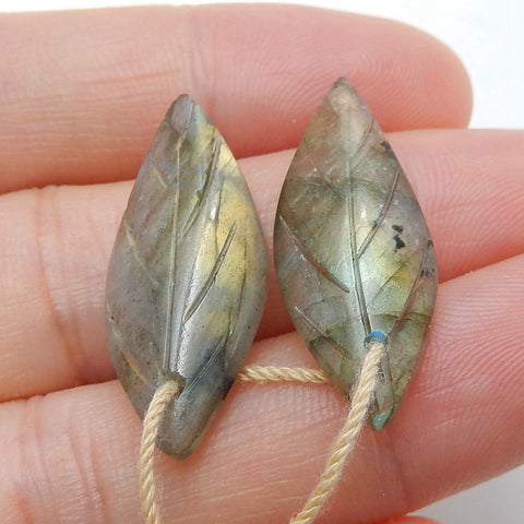 Natural Labradorite Carved leaf Earring Beads 27x10x4mm, 2.6g