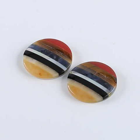 Natural Colorful Gemstones Intarsia Round Cabochon Pair (Can be drilled), Handmade Gemstone Cufflinks, Unique Pair, 17x3mm, 3g