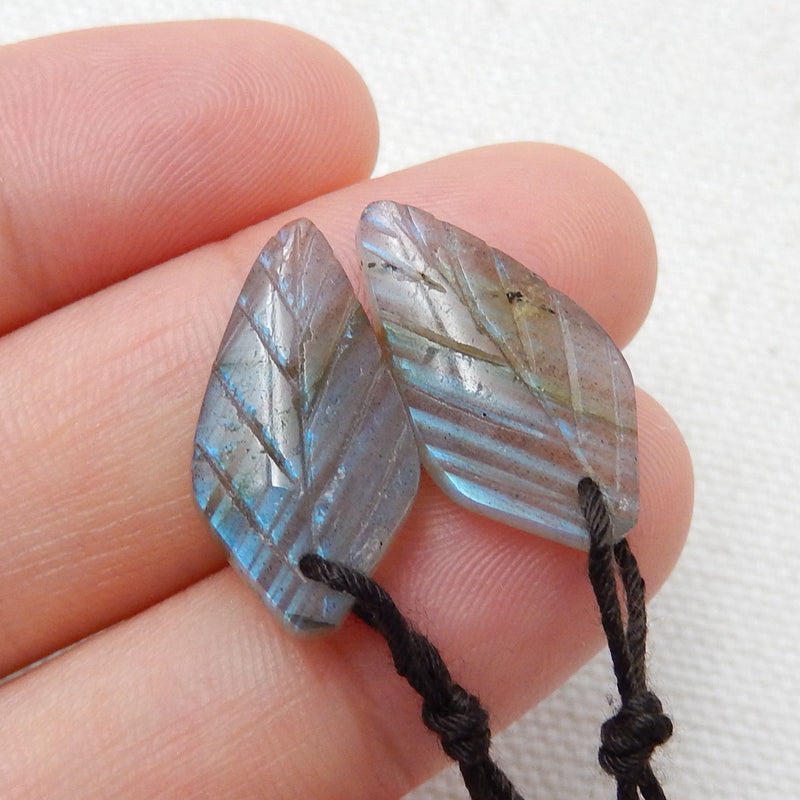 Natural Labradorite Carved leaf Earring Beads 19x11x4mm, 2.4g