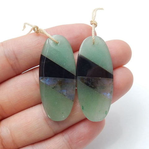 Perle de boucle d'oreille en intarsia d'aventurine verte, d'obsidienne et de labradorite, 37 x 16 x 4 mm, 8,8 g