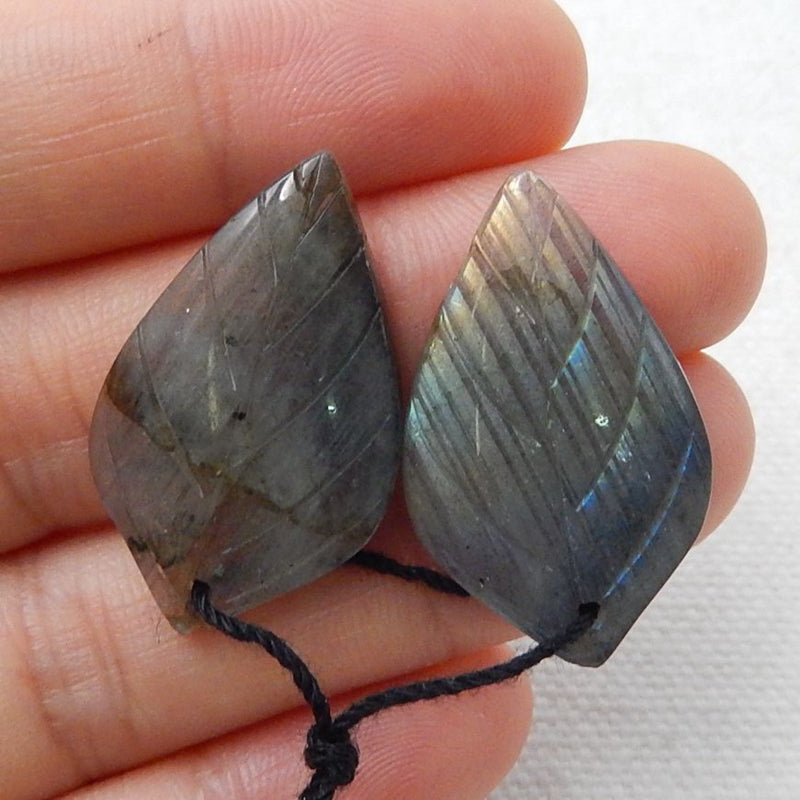 Natural Labradorite Carved leaf Earring Beads 26x12x4mm, 3.8g