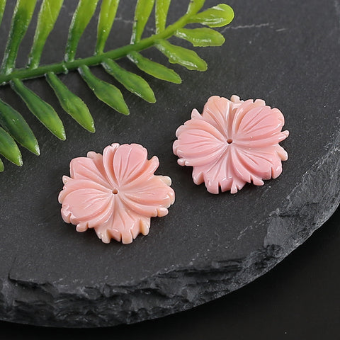 BITEFU 1Pair Carved Natural Pink Shell Flower , Queen Conch Shell Beads, Popular Pink Flower Beads, 3.6g