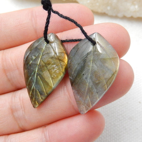 Natural Labradorite Carved leaf Earring Beads 25x14x4mm, 4.6g