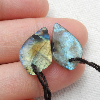 Natural Labradorite Carved leaf Earring Beads 19x11x4mm, 2.4g