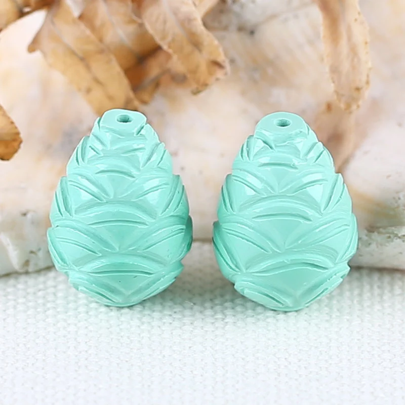 Carved Turquoise Pinecone Shape Gemstone Earring Pair (Top Half Drilled), Unique Drilled Cabochon Pair, Gemstone Wholesale, 13x18mm, 7.1g