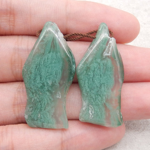 New Natural Green Chalcedony Gemstone Earrings Bead, Drilled Green Earring Pair,37x16x4mm, 10.9g