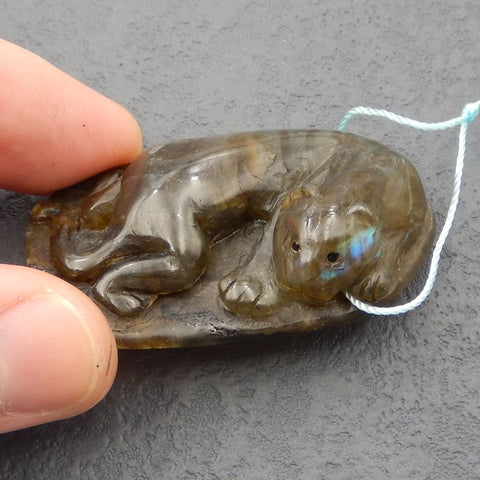 Natural Labradorite Carved tiger Pendant Bead 54x32x15mm, 28.9g