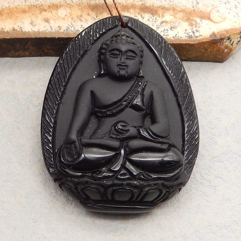 Natural Obsidian Carved Buddha Pendant Bead 48*36*13mm, 26.6g