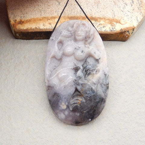 Natural Dendritic Agate Carved Mermaid Pendant Bead 57*34*10mm, 32.1g