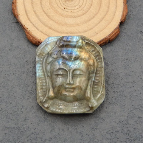 Cabochon de sculpture de pierres précieuses de Bouddha en labradorite sculptée, vente du Nouvel An !, 43x36x10 MM, 24.8G