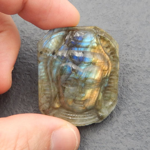 Cabochon de sculpture de pierres précieuses de Bouddha en labradorite sculptée, vente du Nouvel An !, 43x36x10 MM, 24.8G