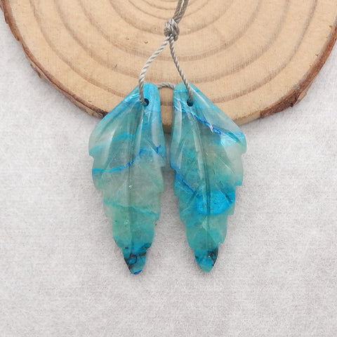 Natural Carved Chrysocolla Gemstone Leaf Earring Beads,34x14x4mm,6g