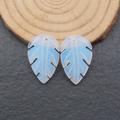 Opalite Carved Leaf Shape Earring Beads, 24x15x3mm, 3.2g